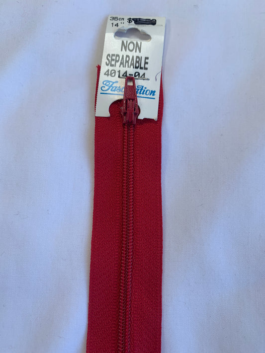 14 Inch Non-Separating Zipper, Scarlet Red, Molded Plastic, New
