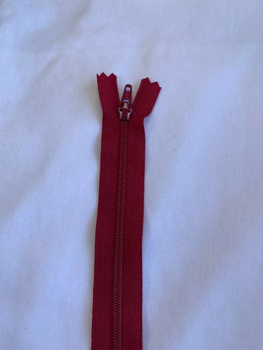 14 Inch Non-Separating Zipper, Crimson Red, Molded Plastic, New