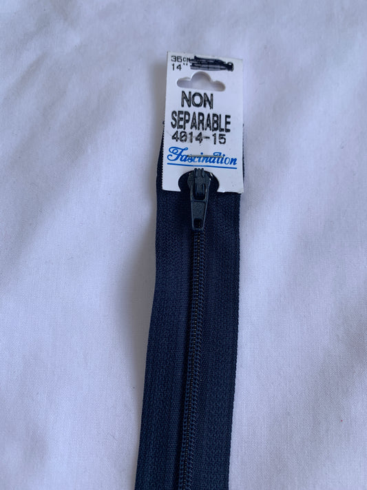 14 Inch Non-Separating Zipper, Indigo Blue, Molded Plastic, New