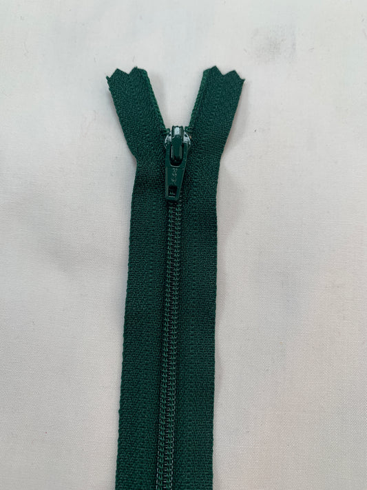 14 Inch Non-Separating Zipper, Dark Green, Molded Plastic, New