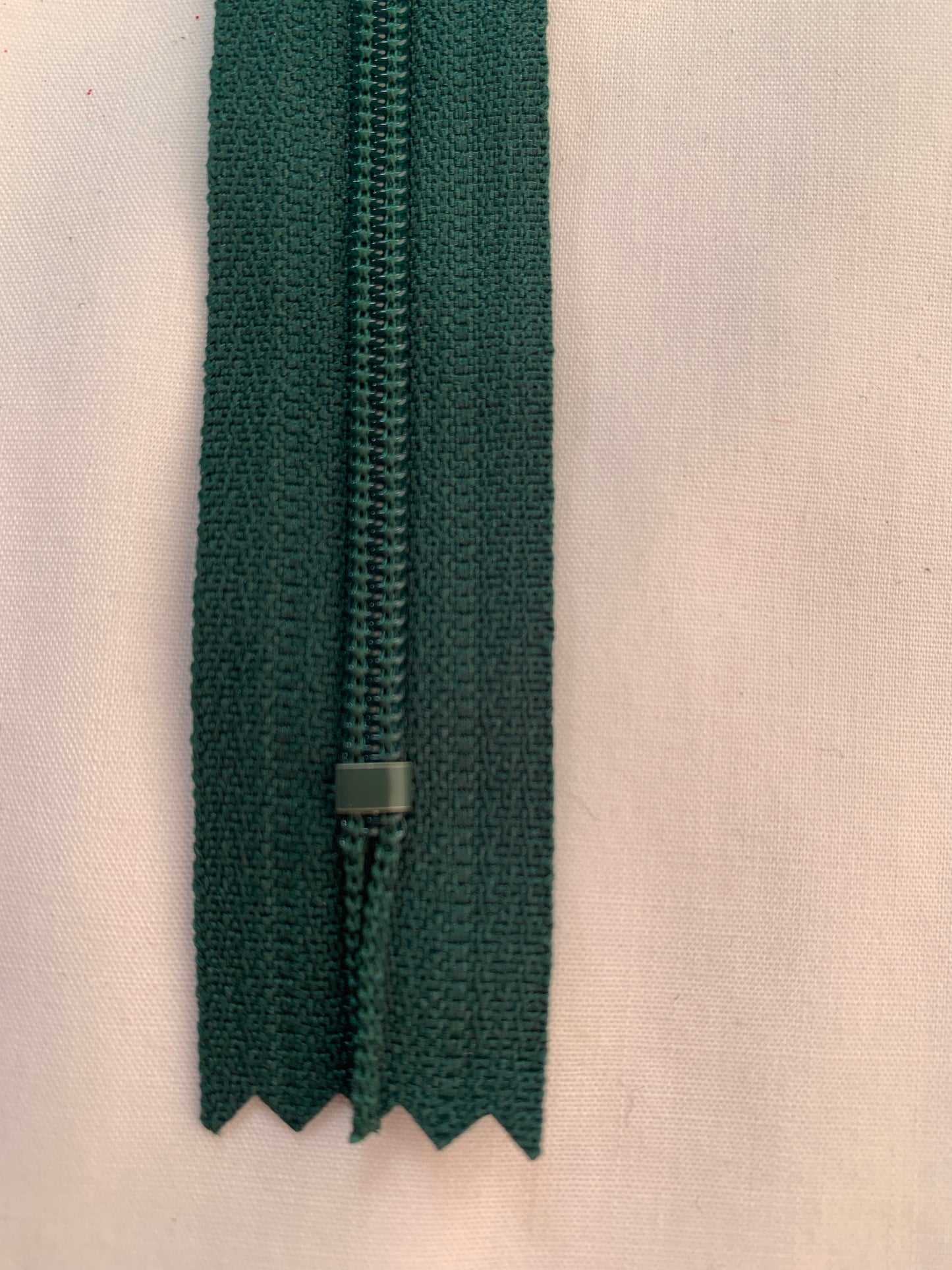 14 Inch Non-Separating Zipper, Dark Green, Molded Plastic, New
