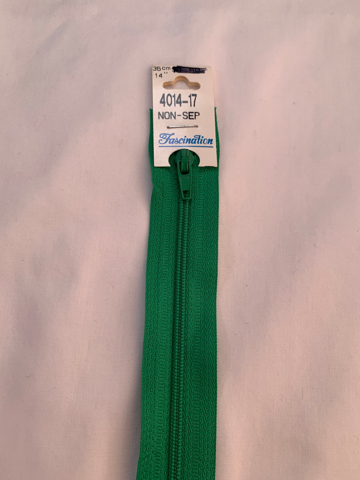 14 Inch Non-Separating Zipper, Sheen Green, Molded Plastic, New 