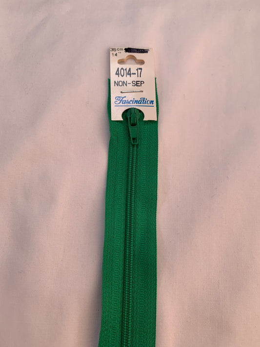 14 Inch Non-Separating Zipper, Sheen Green, Molded Plastic, New 