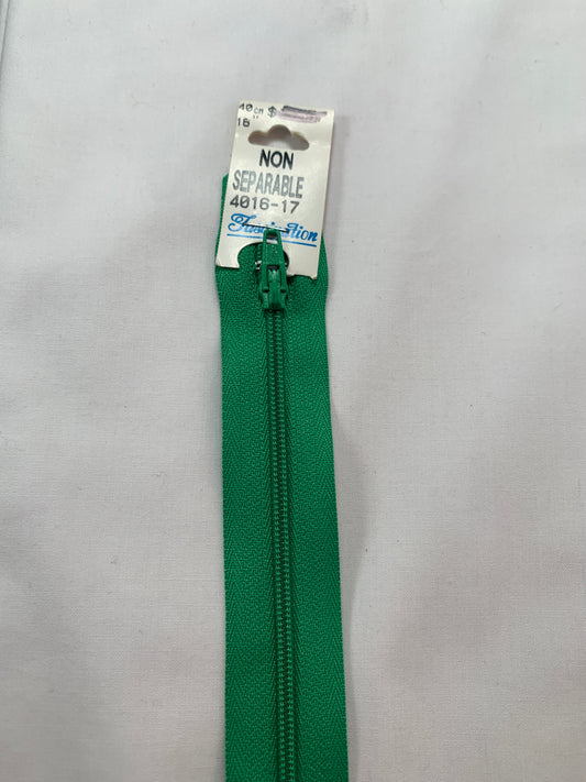 16 Inch Non-Separating Zipper, Sheen Green, Molded Plastic, New