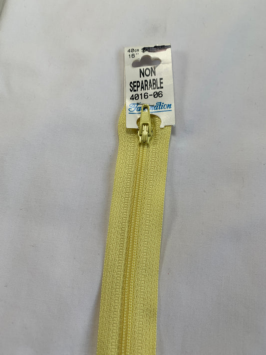 16 Inch Non-Separating Zipper, Light Yellow, Molded Plastic, New