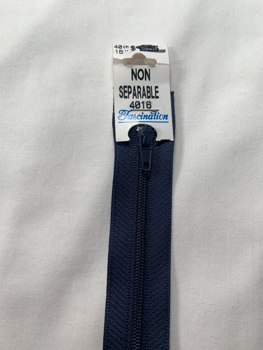 16 Inch Non-Separating Zipper, Navy Blue, Molded Plastic, New