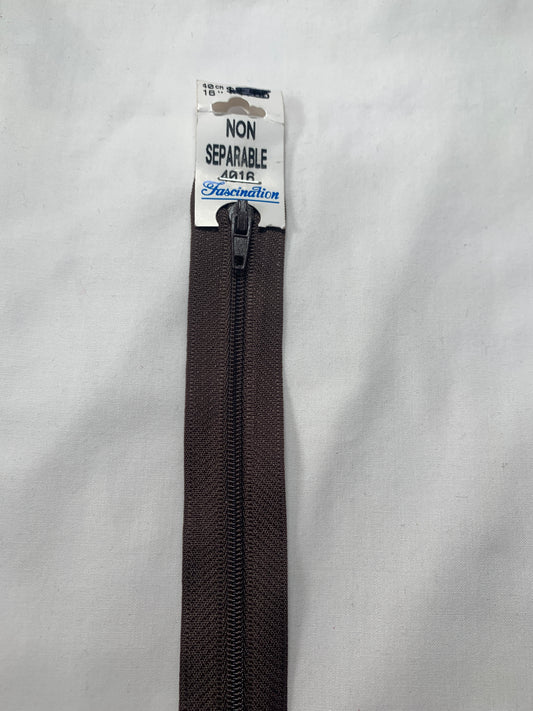 16 Inch Non-Separating Zipper, Chocolate Brown, Molded Plastic, New