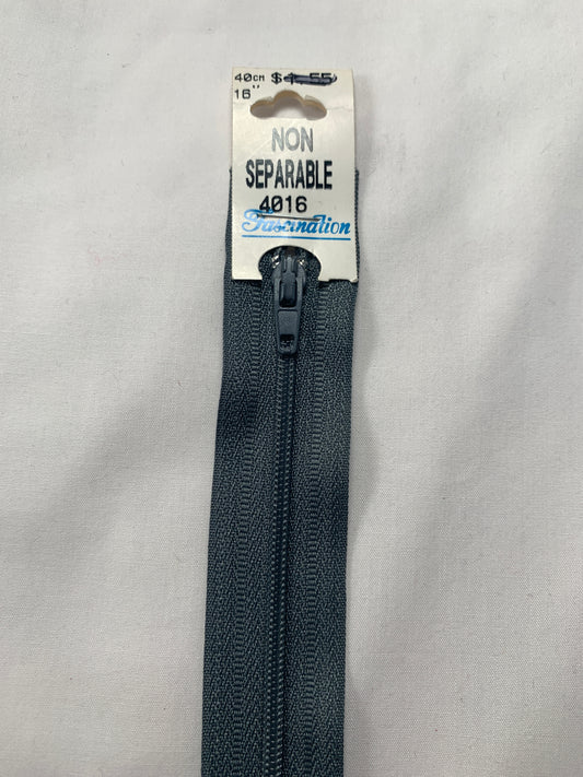 16 Inch Non-Separating Zipper, Slate Grey, Molded Plastic, New