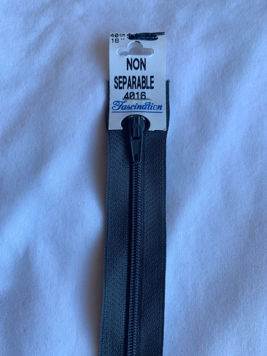 16 Inch Non-Separating Zipper, Dark Grey, Molded Plastic, New