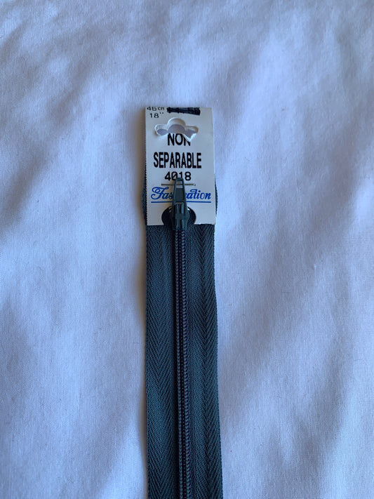 18 Inch Non-Separating Zipper, Dark Grey, Molded Plastic, New