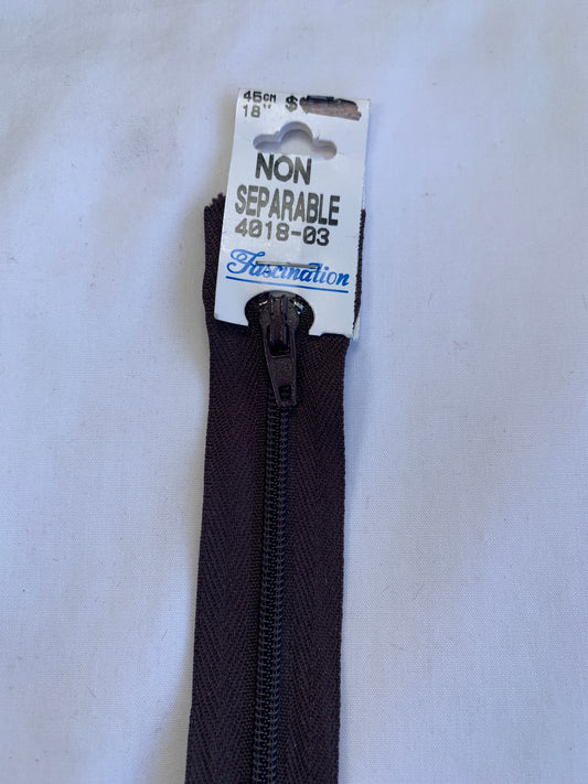 18 Inch Non-Separating Zipper, Brown Color, Molded Plastic, New