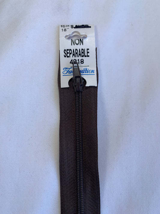 18 Inch Non-Separating Zipper, Wood Brown Color, Molded Plastic, New