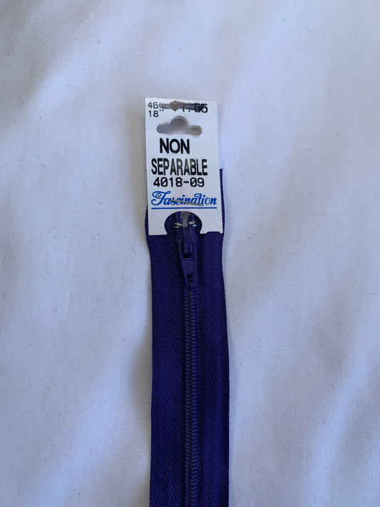 18 Inch Non-Separating Zipper, Purple Color, Molded Plastic, New