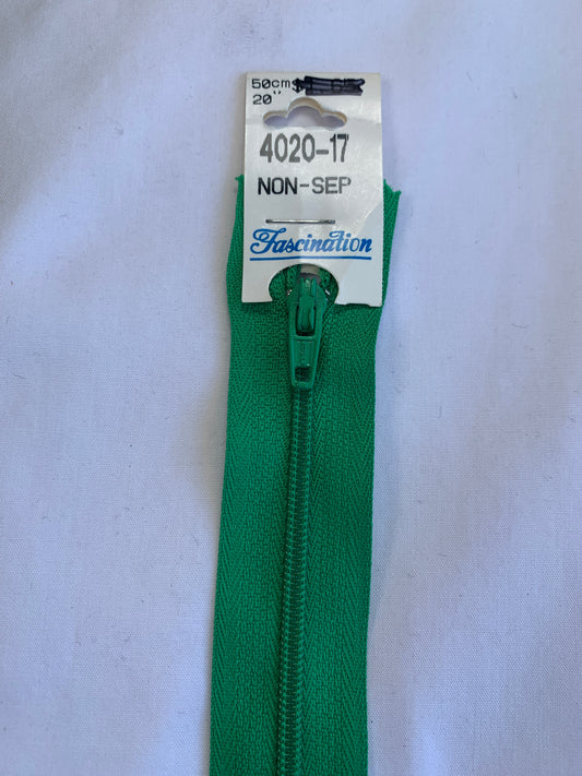 20 Inch Non-Separating Zipper, Lime Green Color, Molded Plastic, New