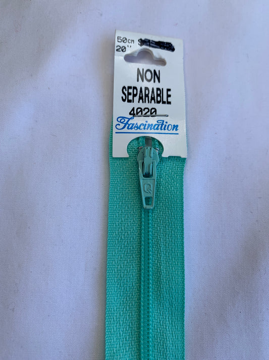 20 Inch Non-Separating Zipper, Medium Aqua Color, Molded Plastic, New