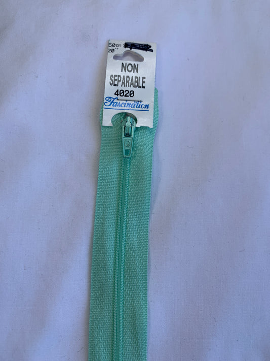 20 Inch Non-Separating Zipper, Light Aqua Color, Molded Plastic, New