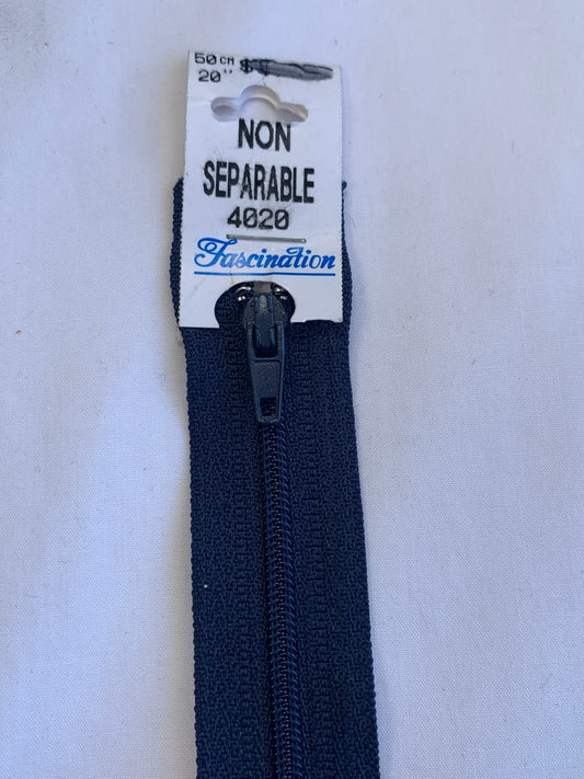 20 Inch Non-Separating Zipper, Denim Blue Color, Molded Plastic, New