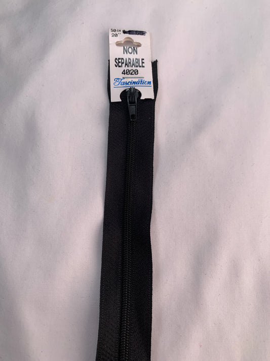 20 Inch Non-Separating Zipper, Black Color, Molded Plastic, New