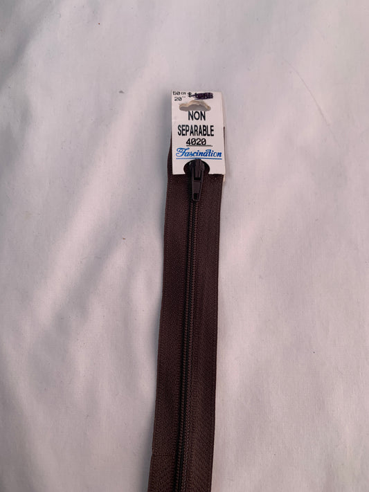 20 Inch Non-Separating Zipper, Brown Color, Molded Plastic, New