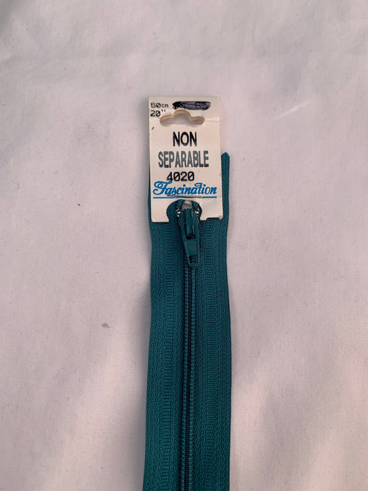 20 Inch Non-Separating Zipper, Teal Green Color, Molded Plastic, New