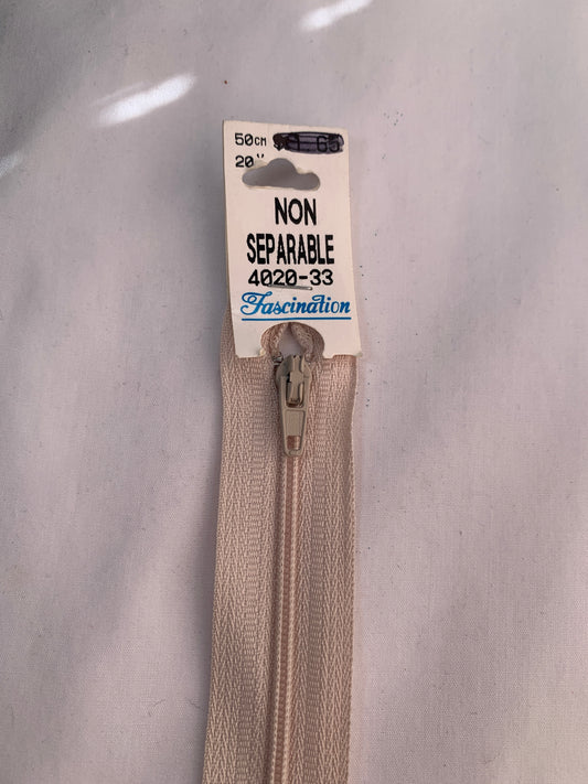 20 Inch Non-Separating Zipper, Beige Color, Molded Plastic, New