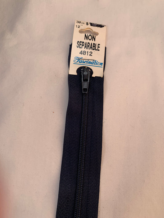 12 Inch Non-Separating Zipper, Navy Blue Molded Plastic, New