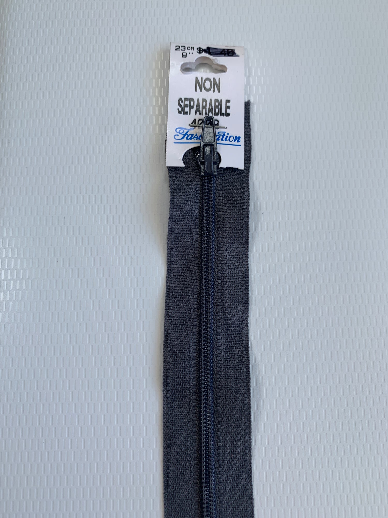 9 Inch Non-Separating Zipper, Dark Gray, Molded Plastic, New