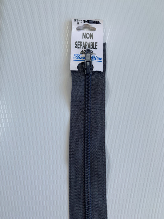 9 Inch Non-Separating Zipper, Dark Gray, Molded Plastic, New