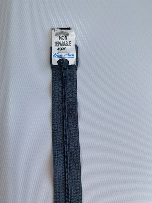 9 Inch Non-Separating Zipper, Gray, Molded Plastic, New