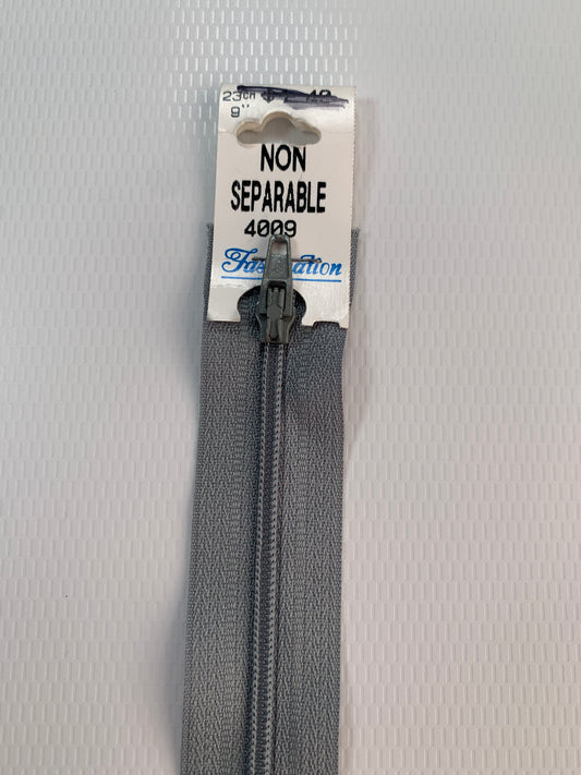 9 Inch Non-Separating Zipper, Cadet Gray, Molded Plastic, New