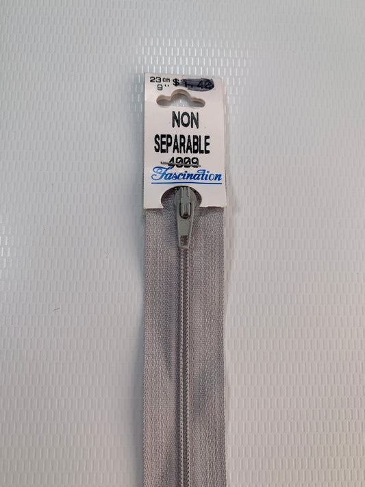 9 Inch Non-Separating Zipper, Light Gray, Molded Plastic, New
