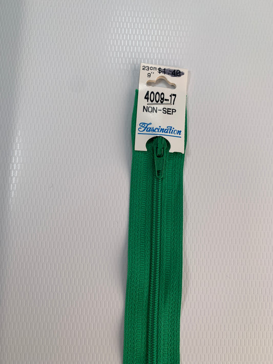 9 Inch Non-Separating Zipper, Go Green, Molded Plastic, New