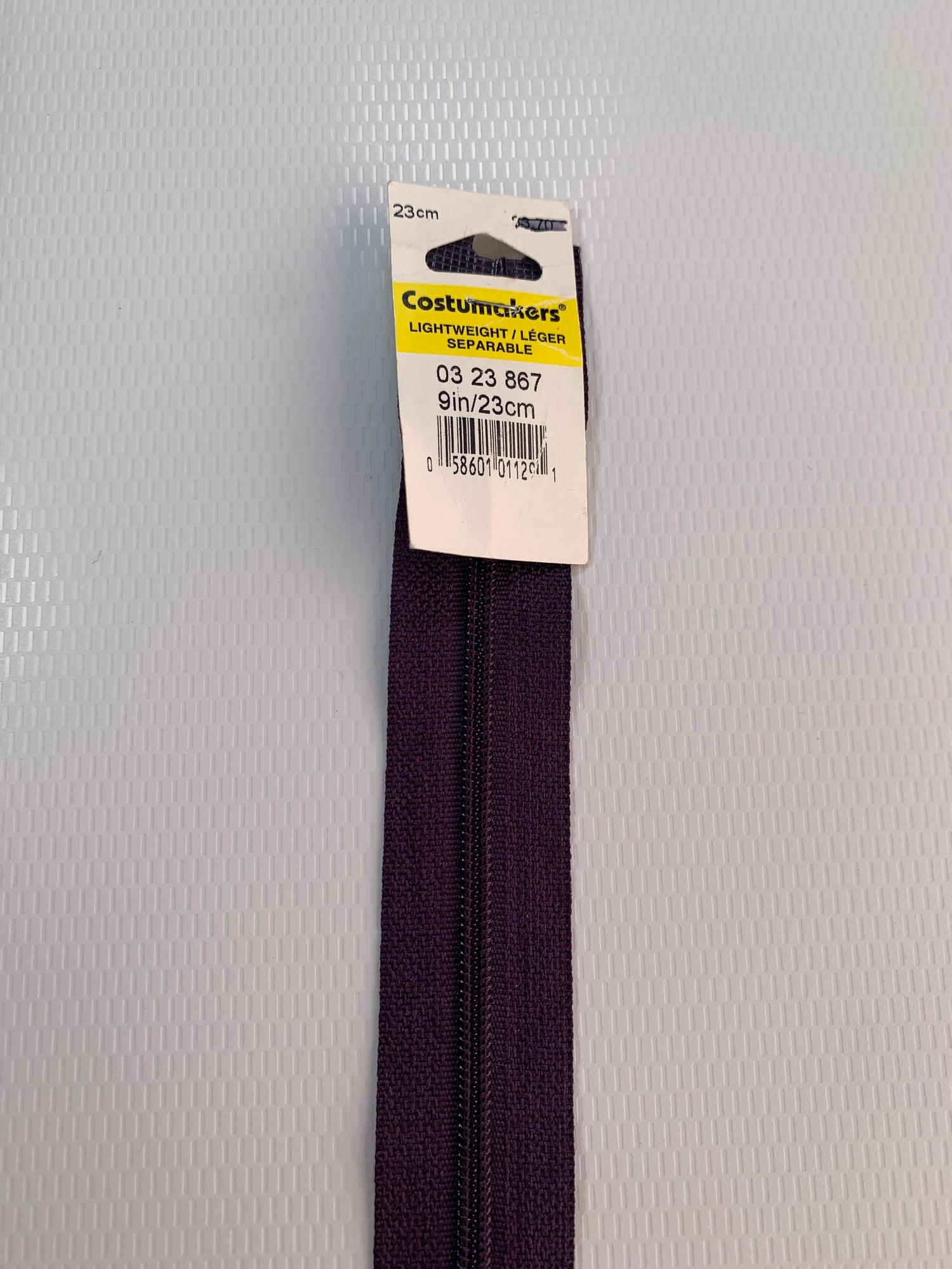 9 Inch Non-Separating Zipper, Dark Purple, Molded Plastic, New