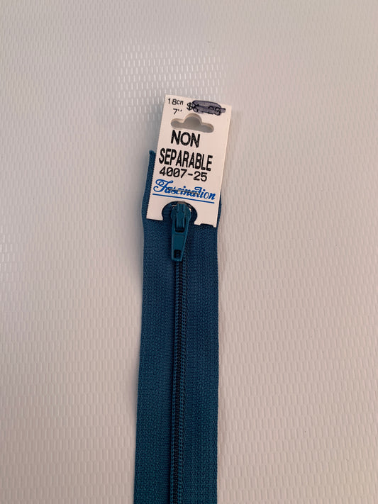 7 Inch Non-Separating Zipper, Sapphire Blue, Molded Plastic, New