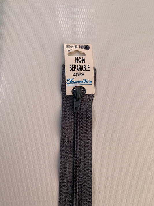 8 Inch Non-Separating Zipper, Gray, Molded Plastic, New
