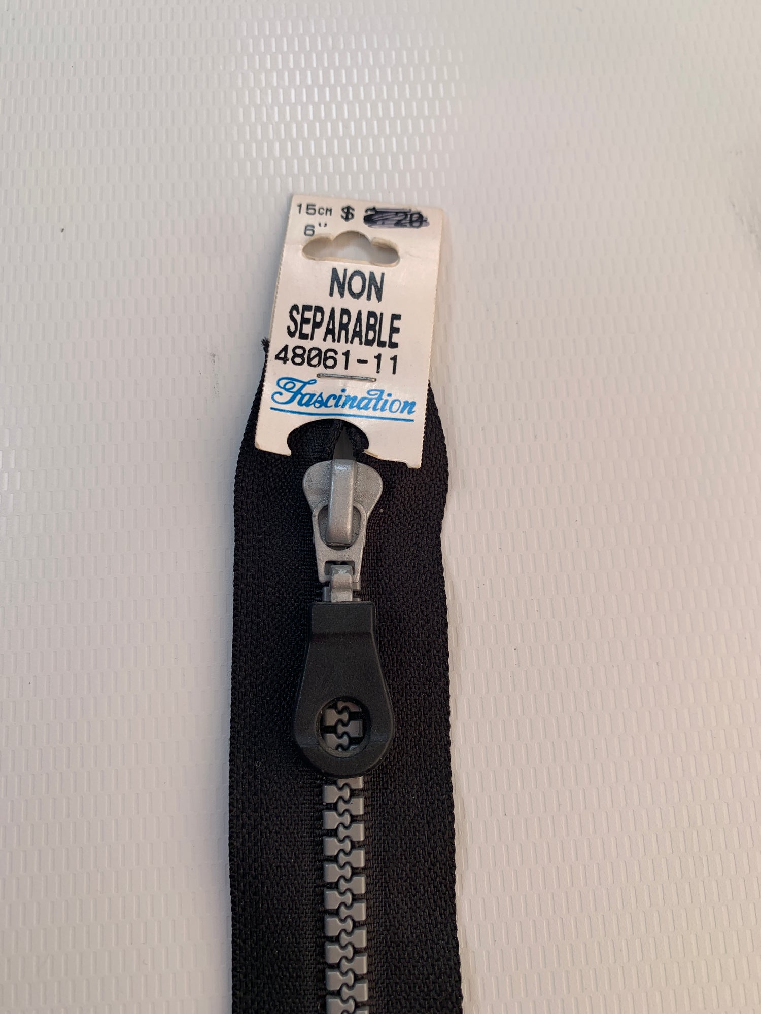 6 Inch Non-Separating Zipper, Black, Molded Plastic, New