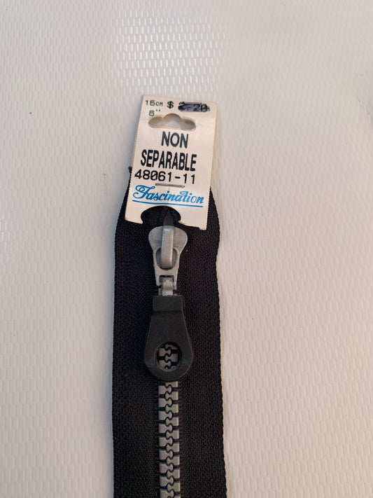 6 Inch Non-Separating Zipper, Black, Molded Plastic, New