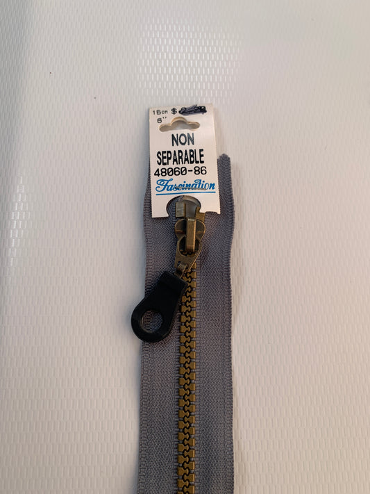 6 Inch Non-Separating Zipper, Medium Gray, Molded Plastic, New