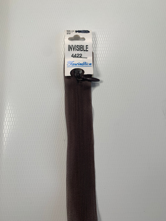 22 Inch Invisible Non-Separating, Brown, Plastic Zipper