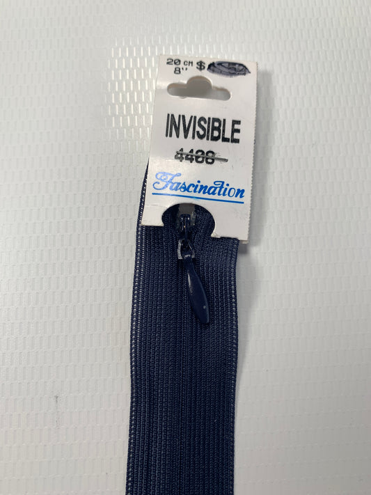 8 Inch Invisible Non-Separating, Navy Blue, Plastic Zipper