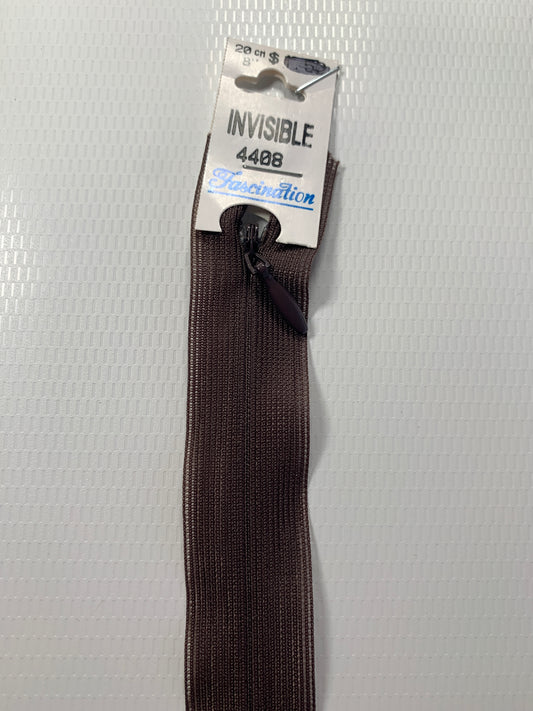 8 Inch Invisible Non-Separating, Brown, Plastic Zipper