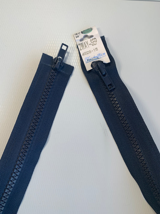 28 Inch Two-Way Plastic Molded Zipper, Navy Blue