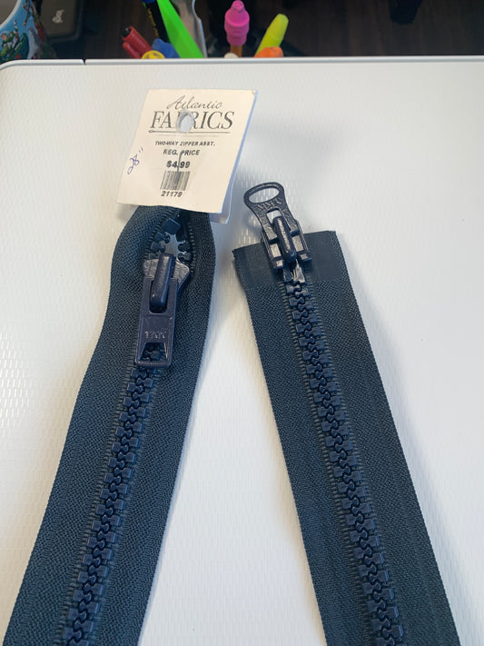 28 Inch Two-Way Plastic Molded Zipper, Navy Blue