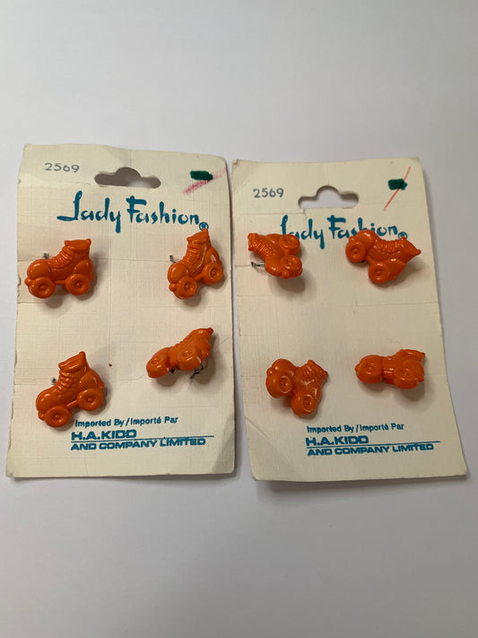 Vintage Novelty 8 Roller Skate Buttons, Shank, Orange, 1.3cm, New/Old Stock
