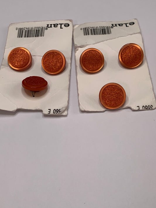 Vintage 6 Medium Round Buttons, Flower Design, Shank, Orange, 1.5cm, New/Old Stock
