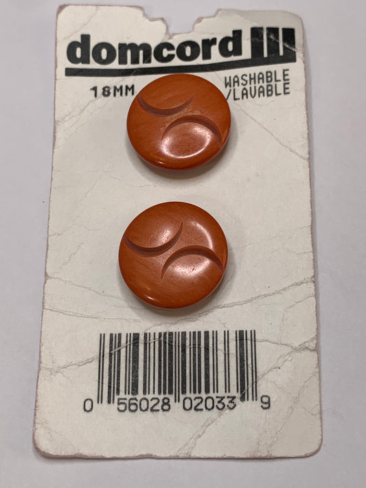 Vintage 2 Medium Round Buttons, Abstract Design, Shank, Orange, 1.8cm, New/Old Stock