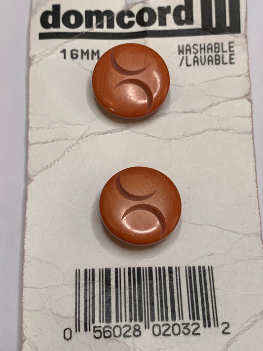 Vintage 2 Medium Round Buttons, Abstract Design, Shank, Orange, 1.5cm, New/Old Stock