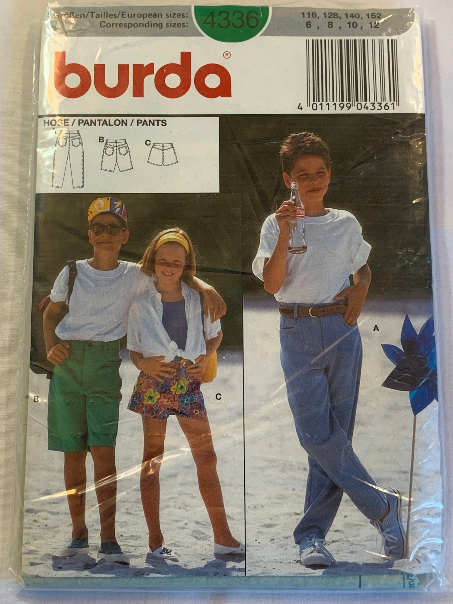 Burda Sewing Pattern 4336 Girls'/Boys' Pants, Shorts, Pockets, Zipper Front, 3 Lengths, Size 6-12, Uncut, 2000