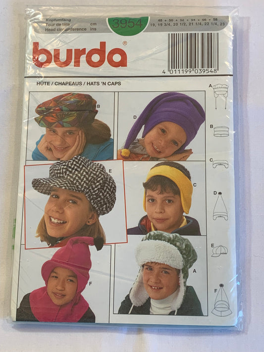 Burda Sewing Pattern 3954 Boy's/Girls' Caps, Hats, Togues Size 19" - 23" Circumference, Uncut, 2014