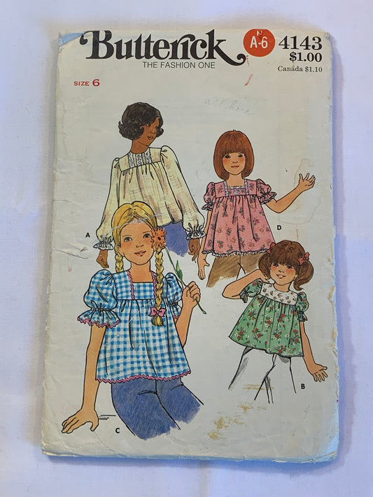 Butterick Sewing Pattern 4143 Girls' Top, Loose-Fitting, 4 Variations, Smock Top, Long/Short Sleeves, Size 6, Cut, Vintage 1970